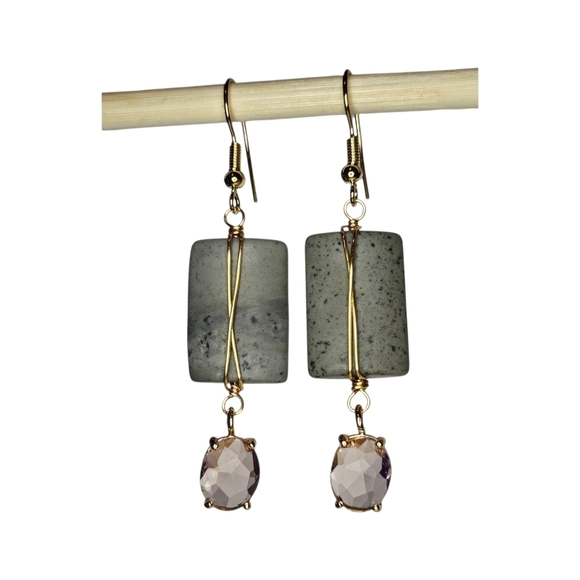 Gold-Tone Green Jasper Drop Earrings with Champagne Crystal Dangles - Picture 2 of 3